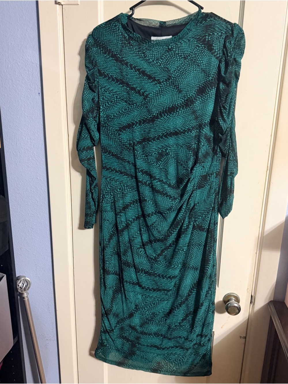 Nine West Teal and Black Long Sleeve Patterned Dress